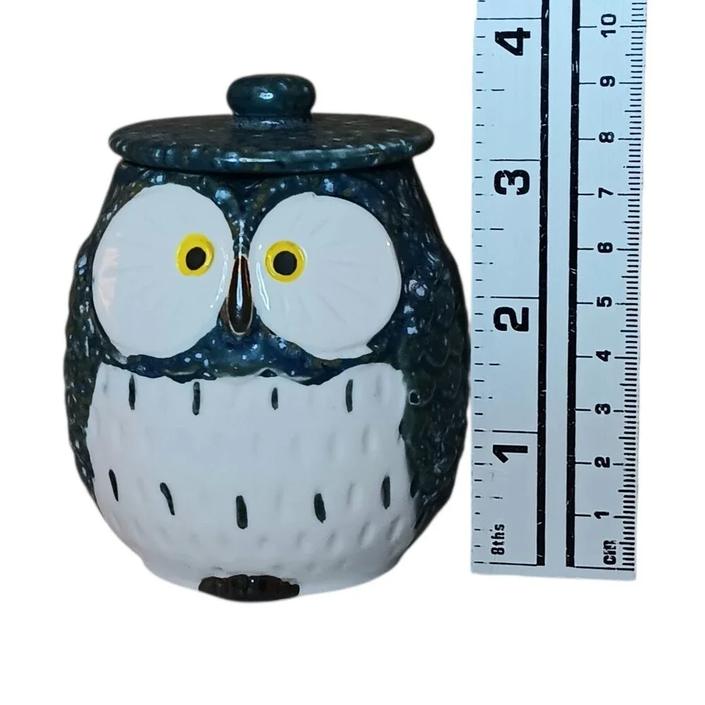 Blue & White Owl Tea Cup, Jar, Or Canister With Lid Speckled Ceramic 3.5